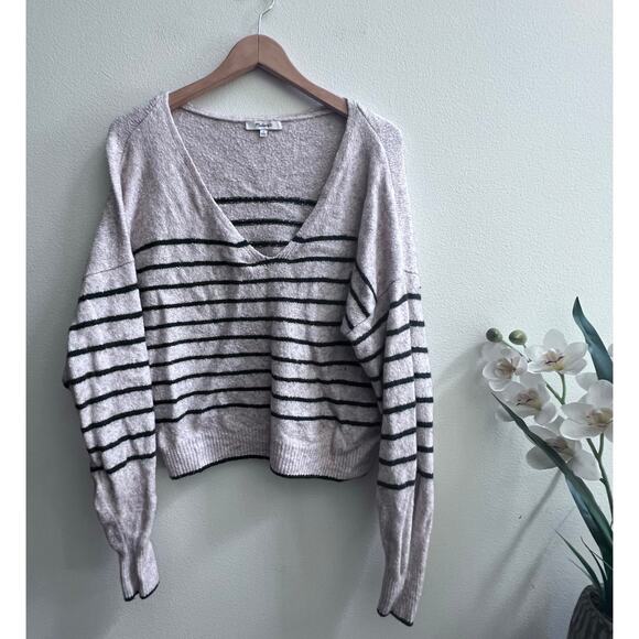 Madewell Merino Wool Blend V-Neck Cream Pullover Sweater Chic Green Striped Lg - Picture 2 of 7